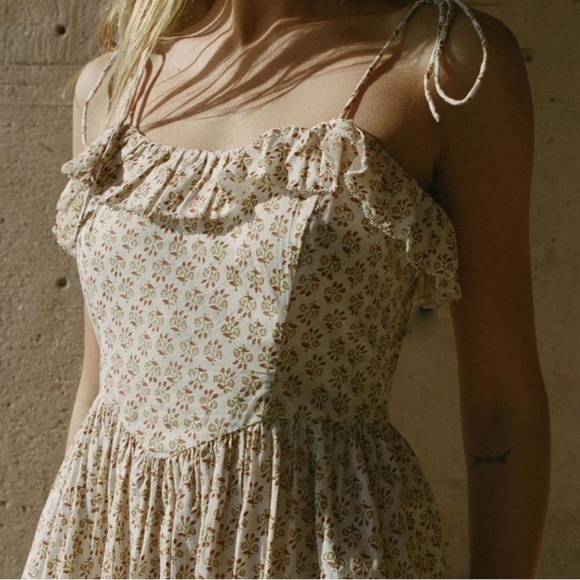 Doen Wendelin Cotton Ruffle Tie Bow Strap Midi Dress Spring Elderberry Floral - Picture 4 of 14